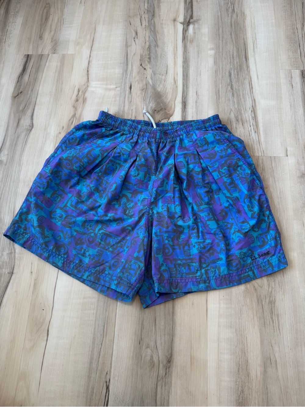 Vintage LL Bean Mens Blue Purple Patterned Swim Trunks Small Made in USA 90s